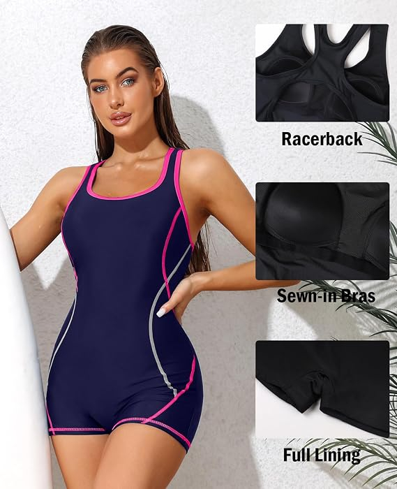 Costum de Baie Damă Întreg Sport, Racerback, Boyshorts, Cupe Căptușite, Uscare Rapidă, S [6]