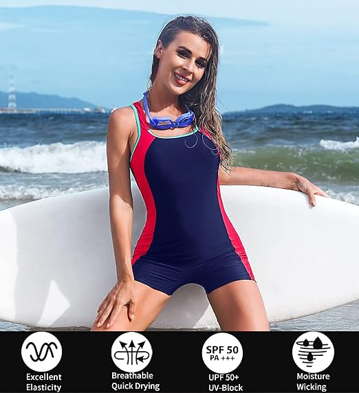 Costum de baie dintr-o bucata pentru femei, Decolteu U, Spate Decupat, Push-Up, albastru cu rosu L [4]