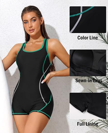 Costum de baie dintr-o bucata pentru femei, negru cu verde XL [6]