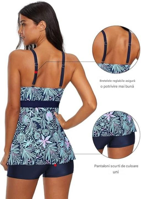 Costum de baie pentru femei, talie înaltă, 2 piese, cu bretele reglabile, albastru, M [2]