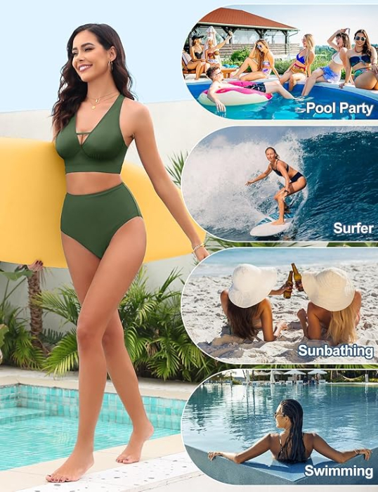 Costum de baie femei din 2 piese, talie inalta, control abdomen, verde L [7]