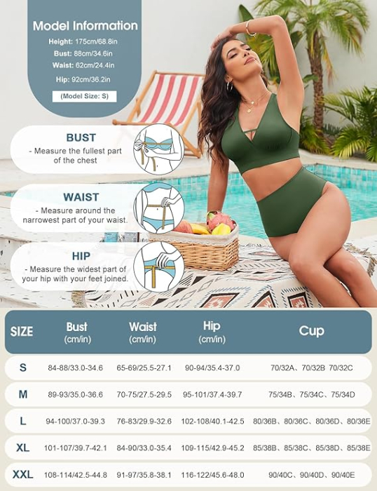 Costum de baie femei din 2 piese, talie inalta, control abdomen, verde M [6]