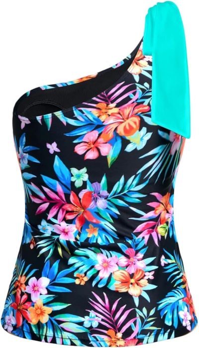 Costum de baie femei din 2 piese, tankini damă cu un umăr gol, bretele detașabile cu fundă , negru cu flori S [6]