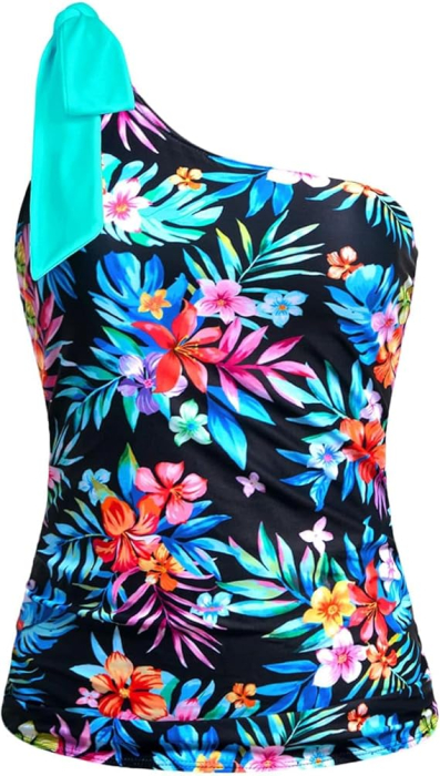 Costum de baie femei din 2 piese, tankini damă cu un umăr gol, bretele detașabile cu fundă , negru cu flori S [5]