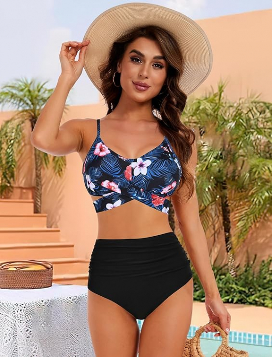 Costum de baie femei din 2 piese slip negru, sutien cu flori S [5]