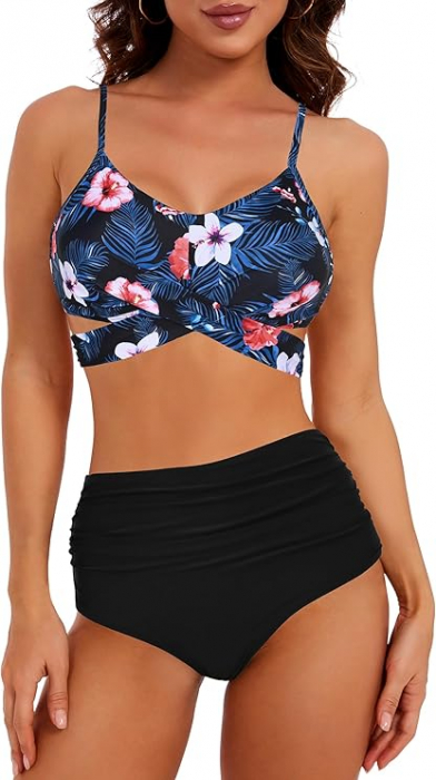 Costum de baie femei din 2 piese slip negru, sutien cu flori S [1]