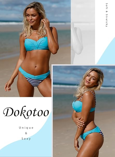 Costum de Baie albastru Damă 2 Piese, Bikini cu Design Petrecut, Bretele Reglabile, 2XL [3]