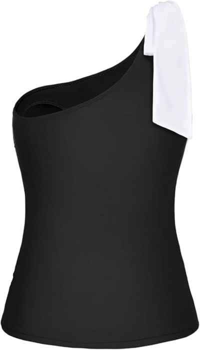 Costum de baie femei din 2 piese, tankini damă cu un umăr gol, bretele detașabile cu fundă , negru M [6]