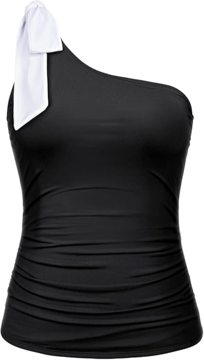 Costum de baie femei din 2 piese, tankini damă cu un umăr gol, bretele detașabile cu fundă , negru M [5]