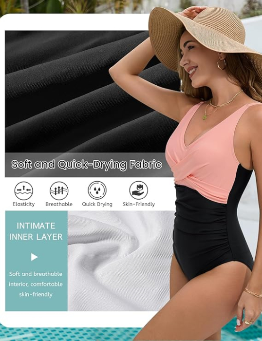 Costum de baie femei dintr-o bucata, cu control al abdomenului,  negru/Roz XL [6]
