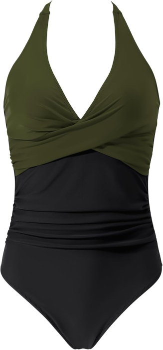 Costum de baie femei dintr-o bucata, cu decolteu în V, Verde/negru XL [4]