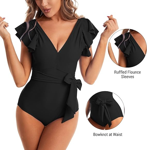 Costum de baie femei dintr-o bucata, cu decolteu în V, Negru S [4]