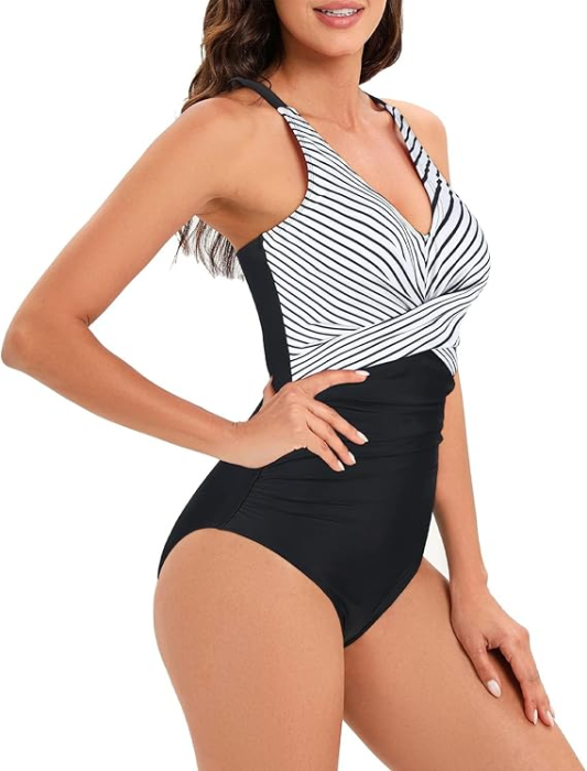 Costum de baie femei dintr-o bucata, cu decolteu în V, Alb/negru L [3]