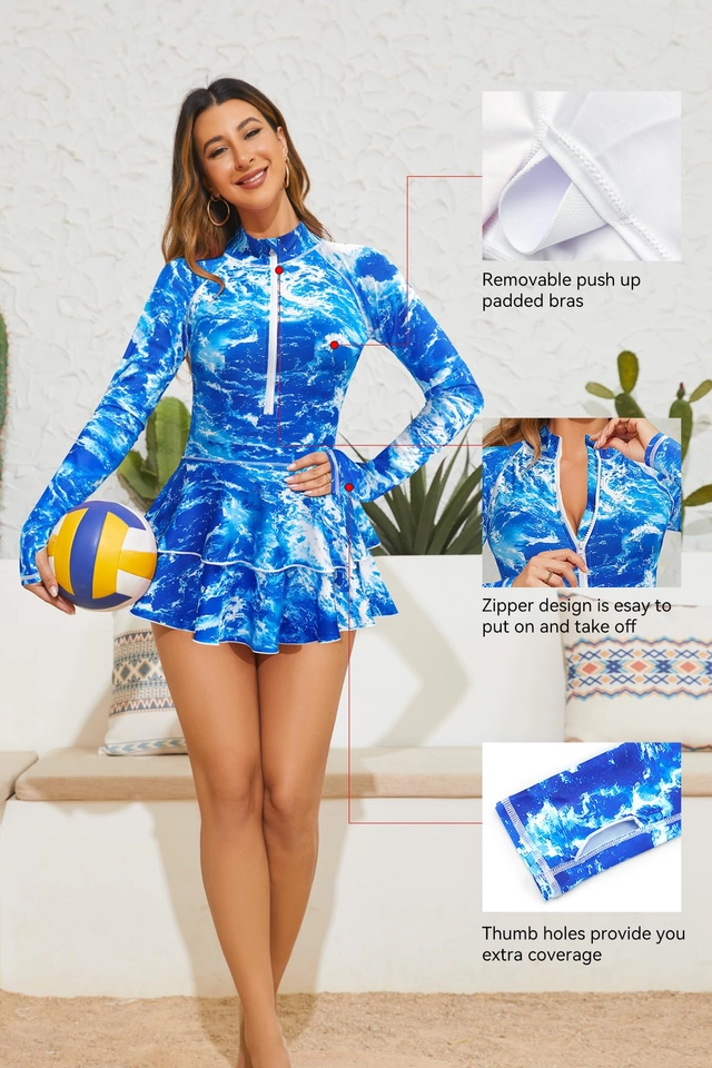Costum de baie femei dintr-o bucata, cu fusta, albastru L [3]