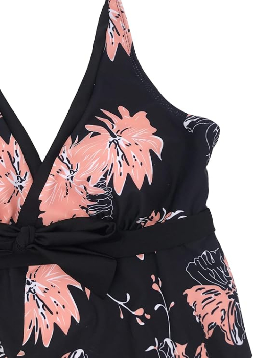 Costum de baie femei dintr-o bucata, cu fusta, negru cu frunze M [5]