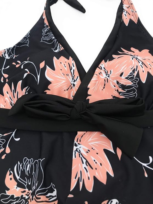 Costum de baie femei dintr-o bucata, cu fusta, negru cu frunze M [6]