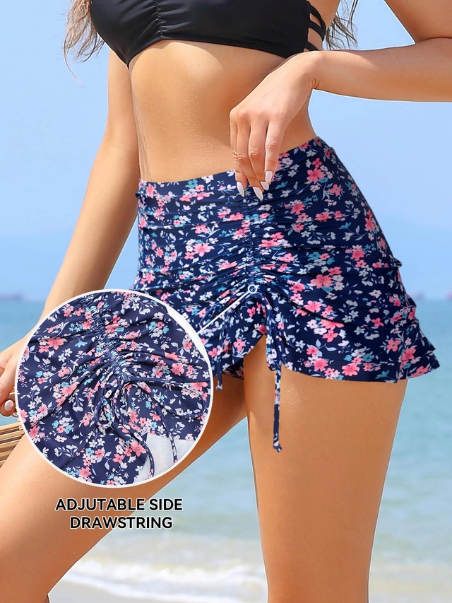 Costum de baie femei dintr-o bucata, fusta cu bikini, albastru cu flori M [4]