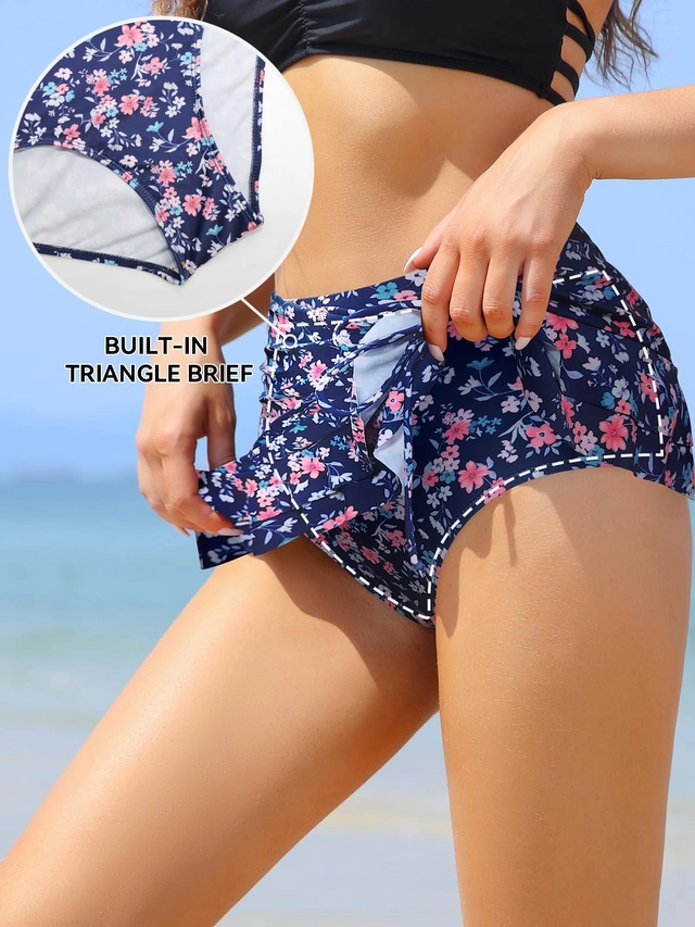 Costum de baie femei dintr-o bucata, fusta cu bikini, albastru cu flori M [3]
