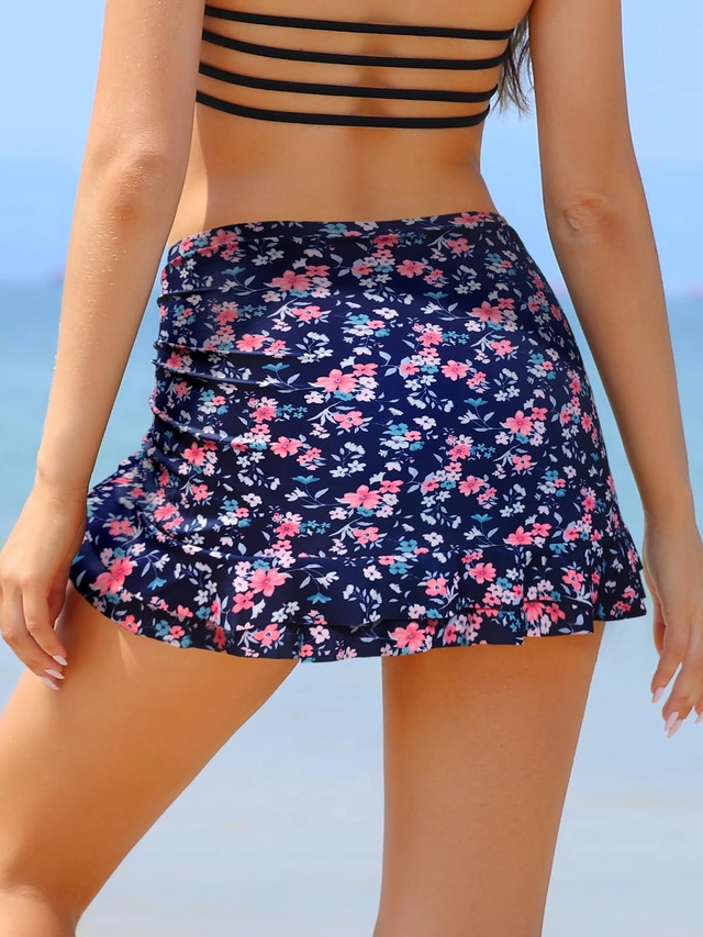 Costum de baie femei dintr-o bucata, fusta cu bikini, albastru cu flori M [2]
