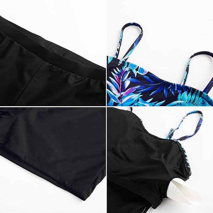 Costum de baie femei dintr-o bucata, cu fusta, negru cu frunze albastre L [4]