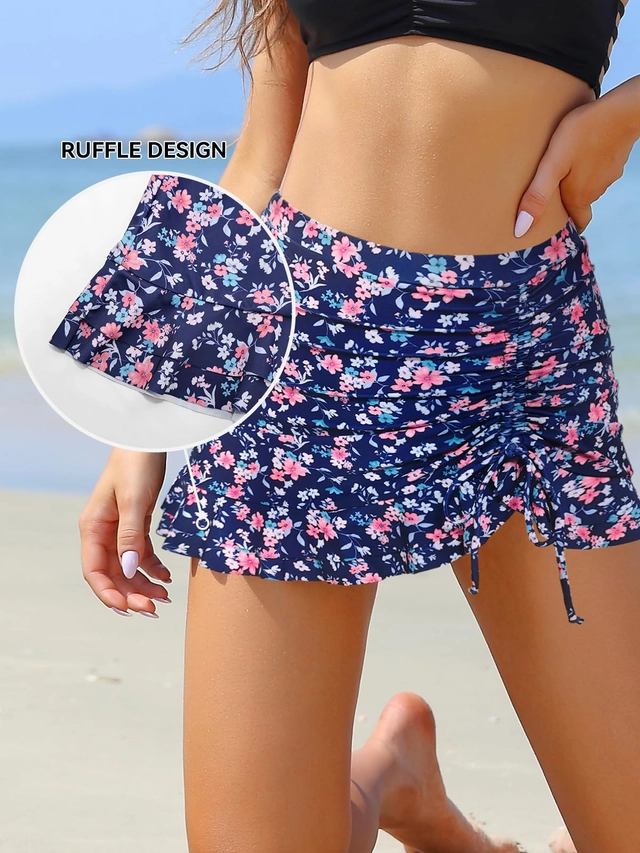 Costum de baie femei dintr-o bucata, fusta cu bikini, albastru cu flori M [5]