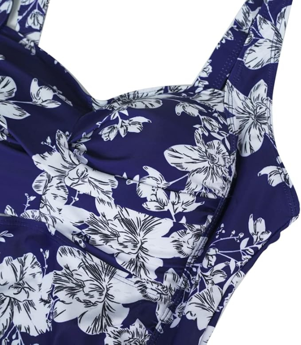 Costum de baie pentru femei, control al abdomenului, albastru cu flori albe,  M [3]