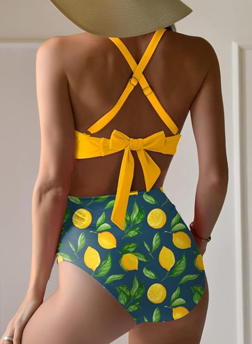 Costum de baie talie inalta din 2 bucati pentru femei, galben/verde XL [2]