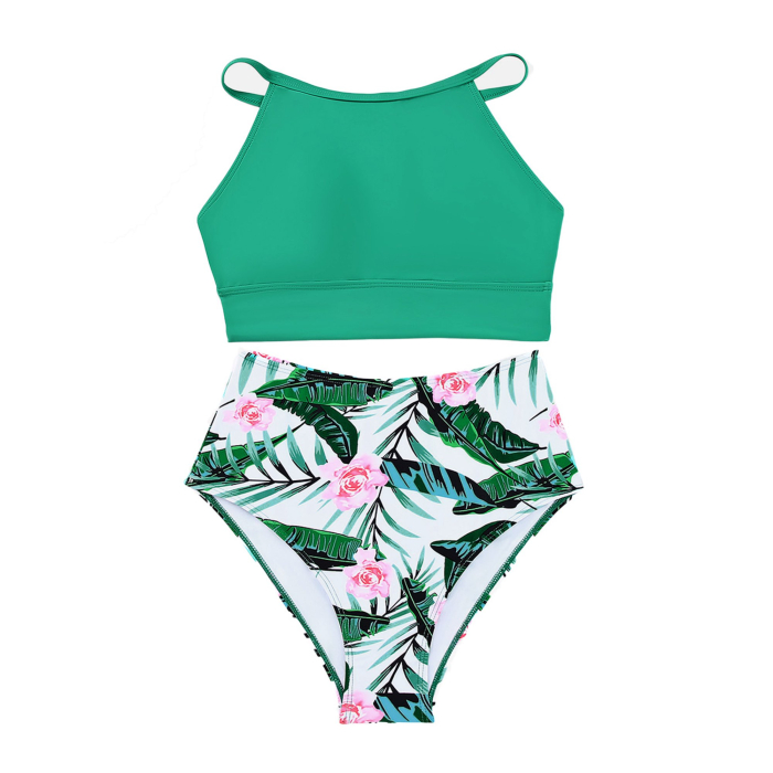 Costum de baie talie inalta din 2 bucati pentru femei, alb/verde M [3]