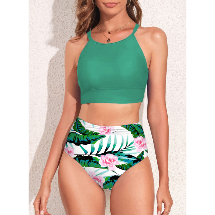 Costum de baie talie inalta din 2 bucati pentru femei, alb/verde M [4]