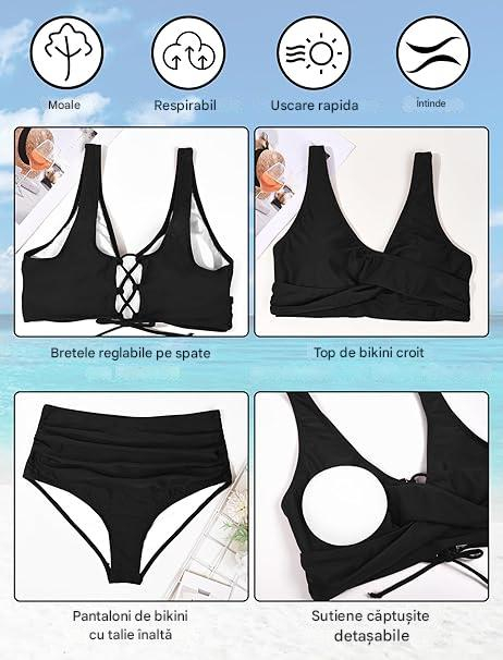 Costum de baie talie inalta din 2 bucati pentru femei, spate zig-zag Negru S [6]