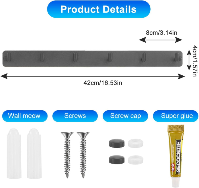 Cuiere cu 6 carlige pe suport din otel inoxidabil gri, set 2 bucati 35 x 8 x 8 cm [7]