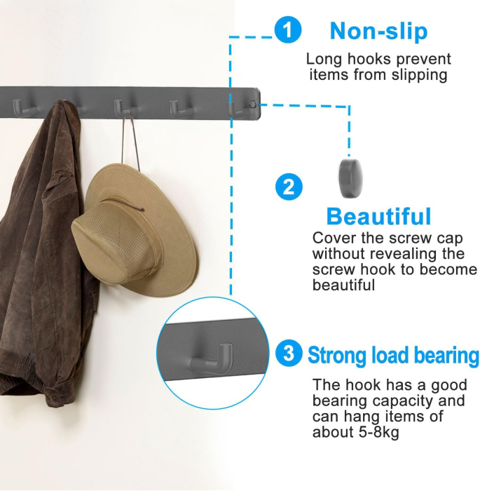 Cuiere cu 6 carlige pe suport din otel inoxidabil gri, set 2 bucati 35 x 8 x 8 cm [6]