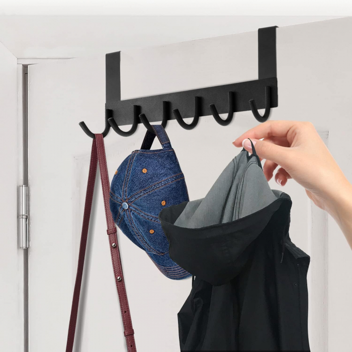Cuier metalic negru cu 6 carlige, 40cm lungime, cu agatare pe cadrul usii, fara gaurire [7]