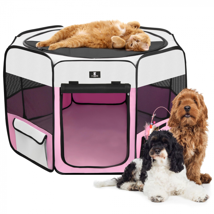 Culcus portabil pliabil pentru animale, X-ZONE, ROZ/ALB, diametru 75cm, inaltime 40 cm [1]
