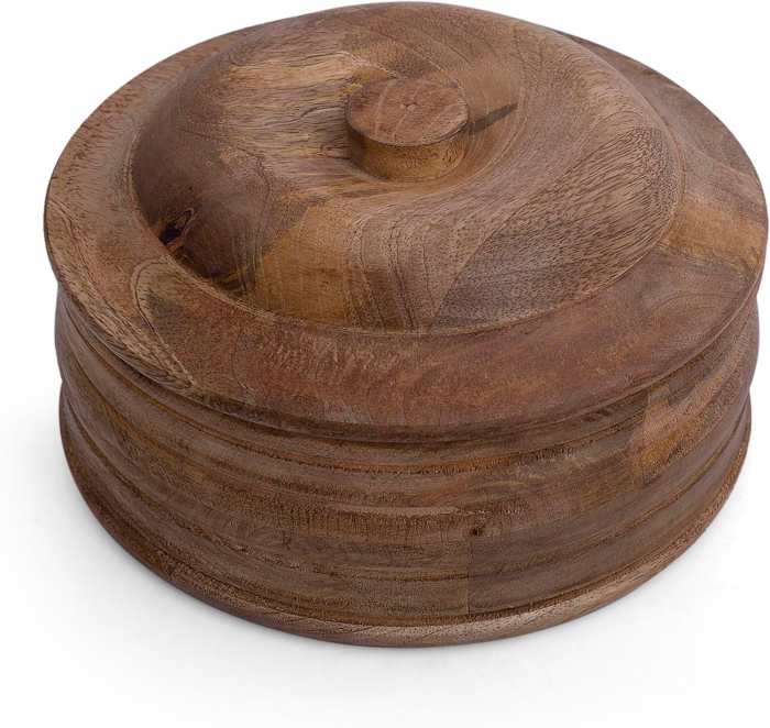 Cutie ornamentala rotunda cu capac  sculptata in lemn maro,  23x11cm [8]