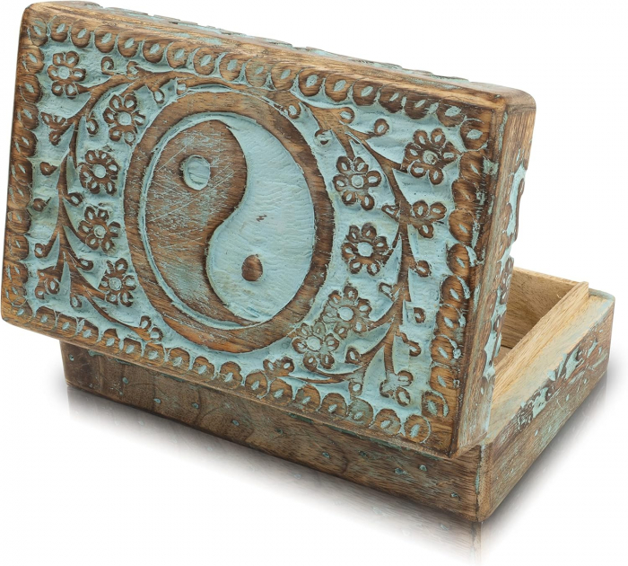 Cutie ornamentala sculptata in lemn maro,  20 x 12 x 6 cm urme albastra Yng si Yang [9]
