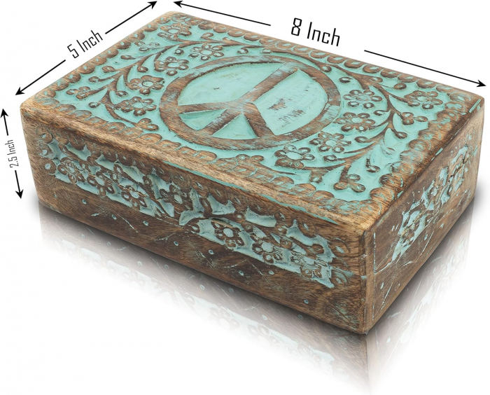 Cutie ornamentala sculptata in lemn maro, urme albastre, 20 x 12 x 6 cm [3]