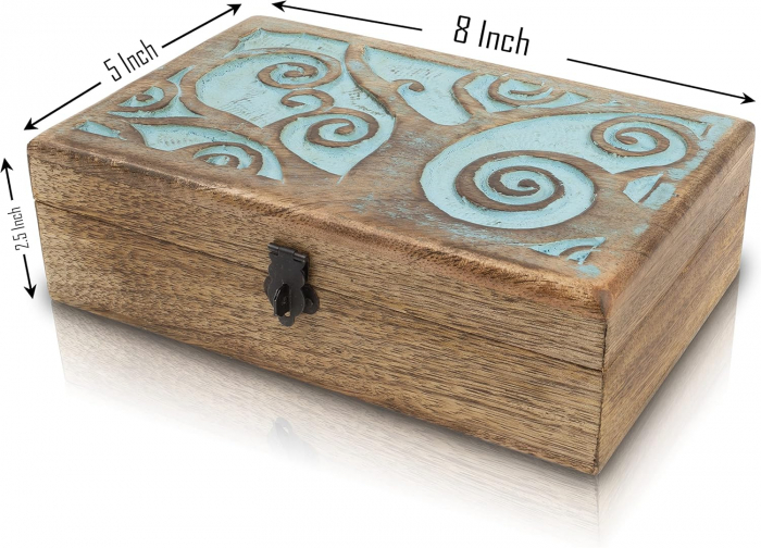 Cutie ornamentala sculptata in lemn maro,  20 x 12 x 6 cm urme albastre [3]