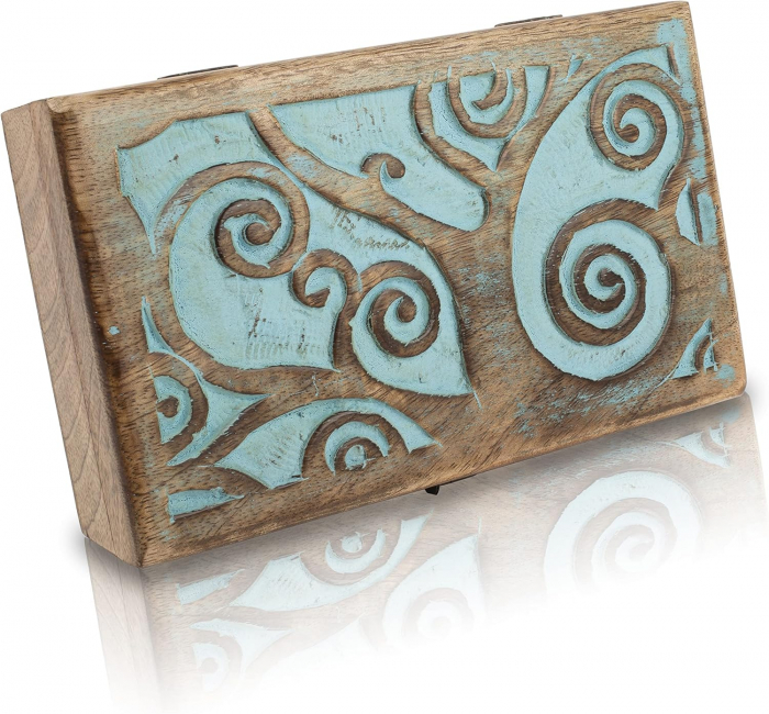 Cutie ornamentala sculptata in lemn maro,  20 x 12 x 6 cm urme albastre [9]