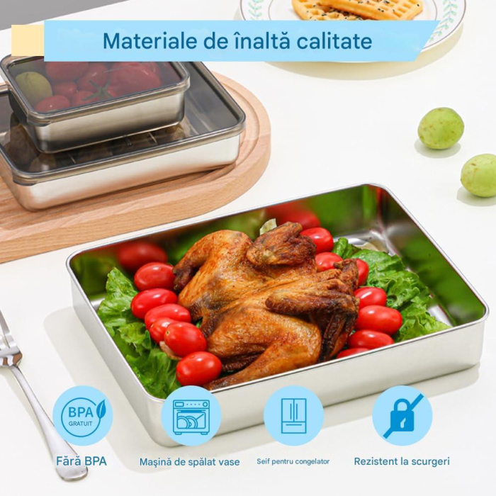 Set 3 cutii alimentare din otel inoxidabil cu capac din plastic transparent, caserole etans [4]