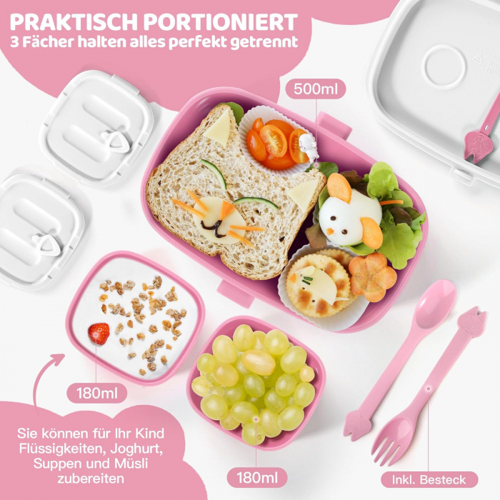 Cutie Roz pentru pranz copii cu blocator deschidere si tacamuri [2]