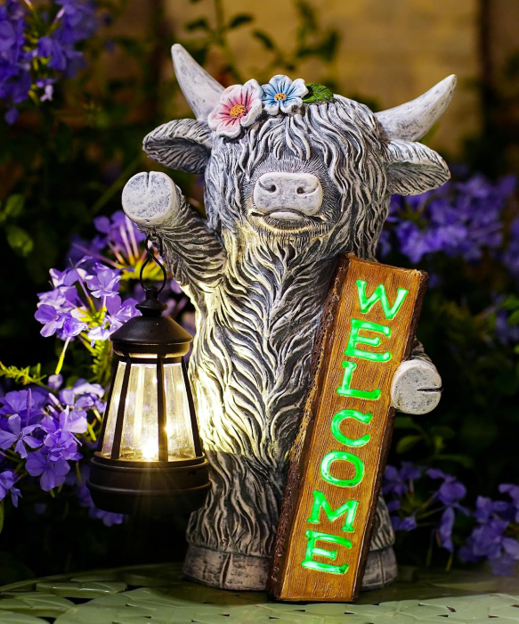 Figurină Grădină Văcuță Highland cu Lampă Solară LED, Semn Welcome, 27,6 cm, Decor Exterior [8]