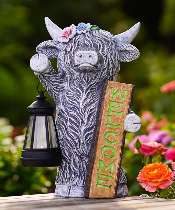 Figurină Grădină Văcuță Highland cu Lampă Solară LED, Semn Welcome, 27,6 cm, Decor Exterior [7]