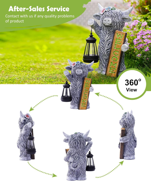 Figurină Grădină Văcuță Highland cu Lampă Solară LED, Semn Welcome, 27,6 cm, Decor Exterior [4]
