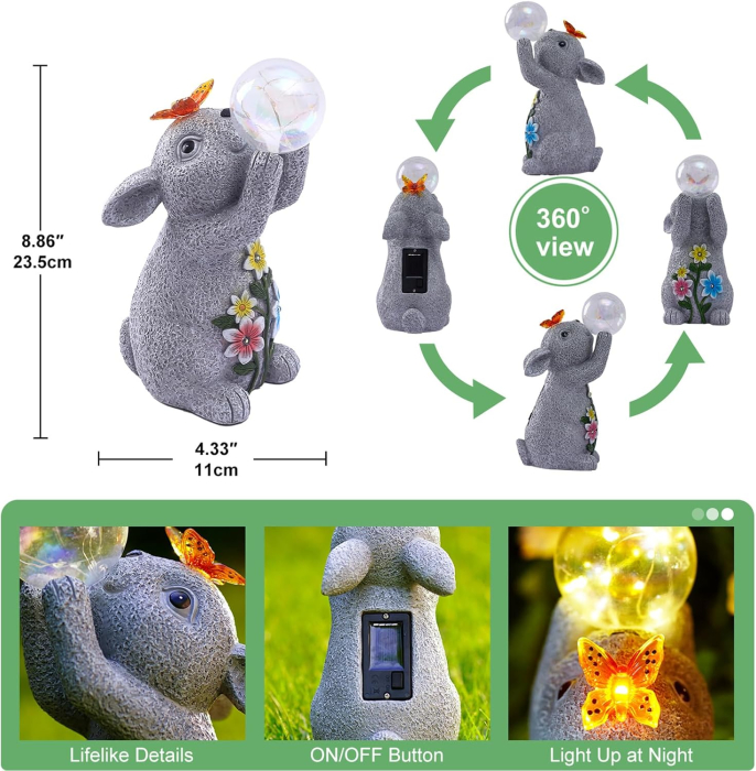 Decoratiune de gradina, terasa, balcon cu LED-uri si panou solar 26 cm, iepuras [3]