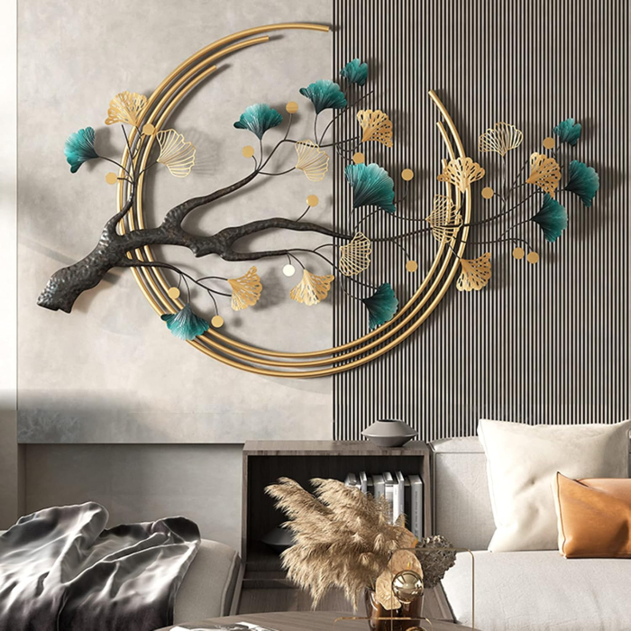 Arta murală metalică 3D frunză ginkgo handmade modern lux –decoratiune abstracta mare 110x68cm [2]