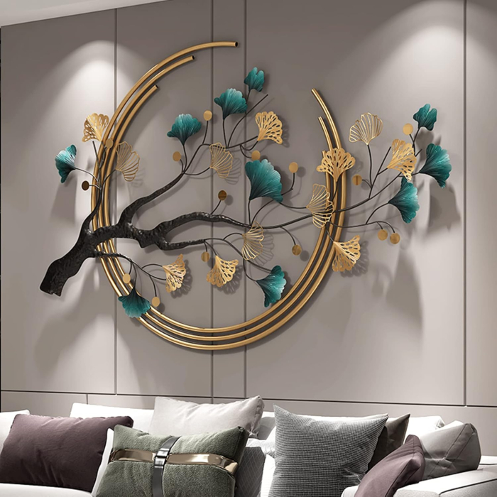 Arta murală metalică 3D frunză ginkgo handmade modern lux –decoratiune abstracta mare 110x68cm [8]