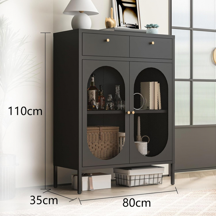 Dulap de depozitare lateral metalic cu rafturi detașabile, 2 uși de sticlă, 2 sertare, Negru, 110 x 80 x 35 cm [3]