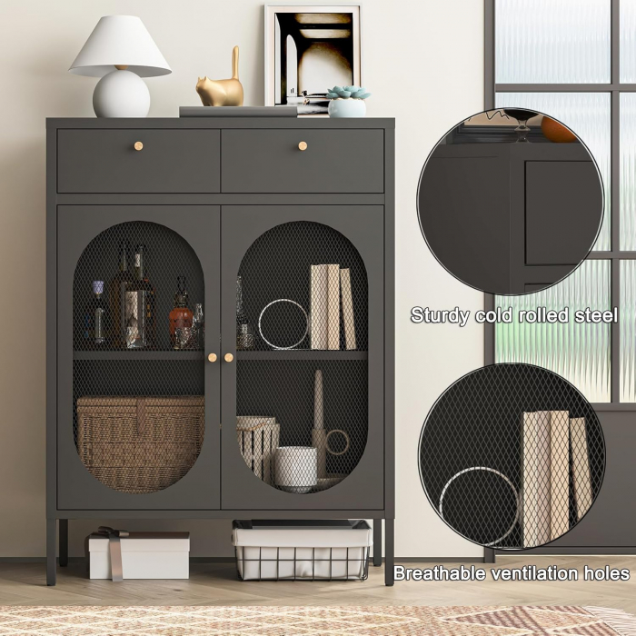 Dulap de depozitare lateral metalic cu rafturi detașabile, 2 uși de sticlă, 2 sertare, Negru, 110 x 80 x 35 cm [6]