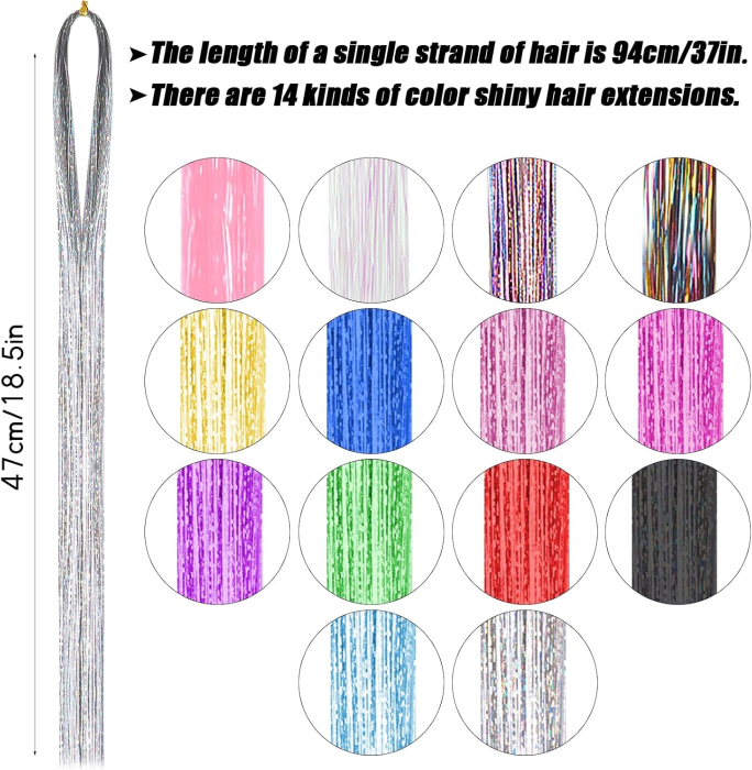 Șuvițe decorative pentru păr, Hair Tinsel, 14 culori, 94 cm, extensii colorate cu efect strălucitor [2]